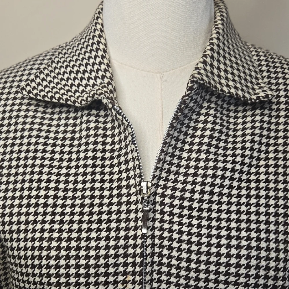 Vintage Express Brown Cream Houndstooth Cropped Tailored Jacket 90s Y2K Academia - Picture 3 of 7